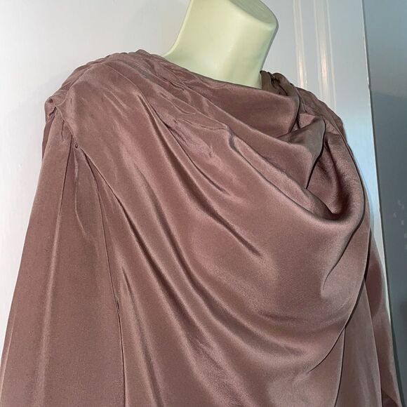 Vtg 70s/80s Jerri Sherman taupe pleated shoulder‎ drape neck long sleeved blouse - Picture 6 of 11